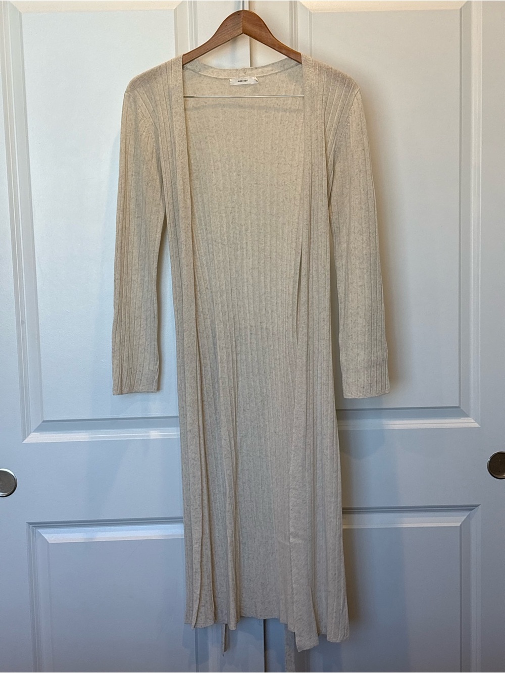 Mod Ref Linen Blend Cream Ribbed Open Front Long Cardigan with Belt